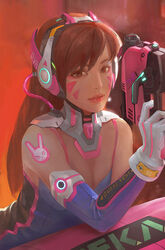  adapted_costume against_mecha animal_print backlighting bad_id bad_pixiv_id bare_shoulders bodysuit bracer breasts brown_eyes brown_hair character_name cleavage clothes_writing d.va_(overwatch) detached_sleeves elbow_gloves facepaint facial_mark female finger_on_trigger gloves gun hand_up handgun headphones highres holding holding_gun holding_weapon hose leaning_forward leaning_on_object linger_ftc lipstick long_hair looking_at_viewer makeup mecha meka_(overwatch) nose overwatch overwatch_1 parted_lips photoshop_(medium) pilot_suit pink_lips purple_gloves rabbit_print realistic revision ribbed_bodysuit robot shoulder_pads skin_tight sleeveless small_breasts smile solo sticker strap swept_bangs turtleneck upper_body weapon whisker_markings white_gloves 