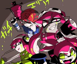  .52_gal_(splatoon) 2boys 2girls blaster_(splatoon) coat commentary_request e-liter_3k_(splatoon) fangs grin hair_ornament hat inkling inkling_boy inkling_girl inkling_player_character multiple_boys multiple_girls nana_(raiupika) pink_eyes pink_hair smile splatoon_(series) splatoon_1 tentacle_hair trench_coat yellow_eyes 