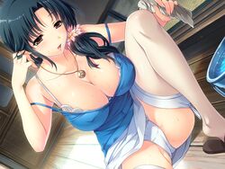  black_hair blush bra breasts brown_eyes cameltoe cleavage covered_nipples female game_cg jewelry kuroda_akimi large_breasts long_hair natsuki_miyuri necklace open_mouth panties ponytail solo strap_slip sweat thighhighs tsumamigui_3 underwear white_panties 