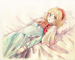  alice_margatroid blonde_hair blue_dress blue_eyes book capelet commentary_request cushion dress female hairband kuma_(crimsonvanilla) looking_at_viewer lying on_back open_book painting_(medium) solo touhou traditional_media watercolor_(medium) 