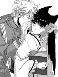  1boy agemaki_kei aiguillette arm_grab bow commentary_request female greyscale hairbow hoshino_lily japanese_clothes kimono long_hair military military_uniform monochrome otome_youkai_zakuro uniform whispering zakuro_(otome_youkai_zakuro) 