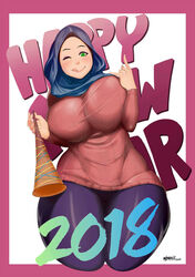  2018 ;q \m/ border breasts commentary curvy dark-skinned_female dark_skin eyebrows eyeliner eyeshadow female forehead green_eyes happy_new_year hijab hijabolic horn_(instrument) huge_breasts jamila_(hijabolic) jpeg_artifacts lips looking_at_viewer makeup muslim new_year one_eye_closed original pantyhose ribbed_sweater solo sweater taut_clothes thick_thighs thighs tongue tongue_out unaligned_breasts vuvuzela 