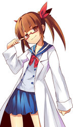  brown_eyes brown_hair commentary_request female glasses head_tilt idolmaster idolmaster_cinderella_girls ikebukuro_akiha ju-zika lab_coat school_uniform serafuku simple_background smile solo white_background 