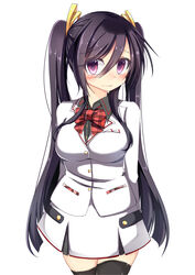  arms_behind_back black_hair black_thighhighs bloodcatblack blush bow breasts commentary_request female hair_between_eyes hair_ribbon highres large_breasts long_hair looking_at_viewer original plaid plaid_bow purple_eyes ribbon school_uniform skirt solo thighhighs twintails very_long_hair white_background 