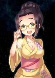  :d black_hair blush breasts cleavage collarbone commentary_request ebihara_naho female fireworks floral_print glasses green_eyes hair_bun idolmaster idolmaster_cinderella_girls japanese_clothes kimono large_breasts long_sleeves looking_at_viewer momojiri_aya night night_sky open_mouth outdoors round_teeth senkou_hanabi single_hair_bun sky smile solo sparkler standing star_(sky) starry_sky teeth underbust upper_body yellow_kimono yukata 