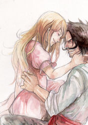  1boy bad_id bad_pixiv_id blonde_hair chikama_(minka) closed_eyes couple facial_hair female freckles gol_d._roger happy hug long_hair moustache one_piece portgas_d._rouge smile straight 