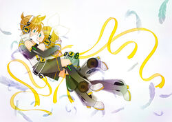  1boy aqua_eyes arm_gloves arm_warmers blonde_hair blush bow boy boy_and_girl collar feathers feathers female female fingerless_gloves girl gloves hair_ornament hairbow hairpin headphones highres hug in_air kagamine_len kagamine_len_(append) kagamine_rin kagamine_rin_(append) leg_warmers len_append male ponytail popped_collar ribbon rin_append shorts vest vocaloid vocaloid_append 