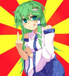  :q ashu bras_d&#039;honneur commentary_request detached_sleeves female green_eyes green_hair hair_tubes kochiya_sanae long_hair mageres meme middle_finger neta snake solo sunburst sunburst_background tongue tongue_out touhou 