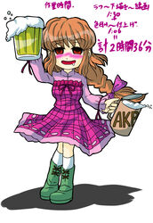  alcohol beer beerko blush boots bow commentary_request cup empty_eyes female foam full_body light_brown_hair looking_at_viewer mug narunomoto_(usachiyan-77) open_mouth original saliva simple_background skirt solo 