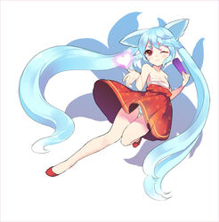  absurdly_long_hair animal_ears bare_legs bare_shoulders blush commentary_request dakun dress eyepatch female fox_ears fox_tail full_body heart long_hair multiple_tails one_eye_closed original panties pantyshot photoshop_(medium) red_eyes sarashi simple_background solo striped_clothes striped_panties tail thigh_gap twintails underwear very_long_hair white_background 