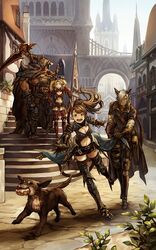  2boys 2girls animal_ears armor armored_boots bag beatrix_(granblue_fantasy) blonde_hair boots breasts brown_hair canine cape cape_tug city cleavage commentary_request d: dark-skinned_male dark_skin draph erune eustace_(granblue_fantasy) fake_horns fantasy floating_hair food_theft frown gauntlets gloves granblue_fantasy greaves grey_hair hair_over_one_eye half-timbered height_difference helm helmet horned_helmet horns looking_at_another medium_breasts midriff multiple_boys multiple_girls navel open_mouth outdoors outstretched_hand polearm ponytail reaching road satchel scythe short_shorts shorts spear stairs standing surprised thighhighs town twintails vaseraga weapon zeta_(granblue_fantasy) zinnkousai3850 