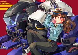  artist_name badge belt_buckle blowing_bubbles blue_shirt brown_hair buckle chewing_gum collared_shirt commentary d.va_(overwatch) dated english_commentary epaulettes facial_mark female female_service_cap gloves gun handgun long_hair looking_at_viewer meka_(overwatch) necktie officer_d.va official_alternate_costume overwatch overwatch_1 pants pocket police police_uniform red_eyes rye-beer shirt solo striped striped_necktie uniform weapon whisker_markings white_gloves 