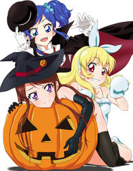  3girls :d aikatsu! aikatsu!_(series) animal_hands blonde_hair blue_eyes blue_hair blush brown_hair cape commentary_request elbow_gloves gloves grin hair_ribbon halloween halloween_costume hat hoshimiya_ichigo hug jack-o&#039;-lantern kiriya_aoi long_hair looking_at_viewer multiple_girls nude oerba_yun_fang open_mouth purple_eyes red_eyes ribbon shibuki_ran shin_(irowanioedo) short_hair side_ponytail smile thighhighs vampire_costume witch_hat 