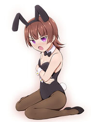  active_raid animal_ears bo11nn bow bowtie brown_hair commentary_request detached_collar female highres kazari_asami kneeling pantyhose playboy_bunny purple_eyes rabbit_ears rabbit_tail short_hair solo tail wrist_cuffs 