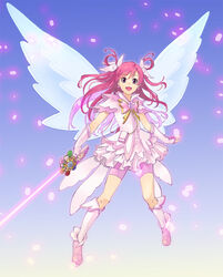  bad_id bad_pixiv_id bike_shorts bike_shorts_under_skirt blue_background boots brooch butterfly_brooch cure_dream cure_fleuret dress female flower_brooch fujimo_ruru full_body hair_rings jewelry long_hair magical_girl petals pink_eyes pink_hair precure shining_dream skirt smile solo white_dress wings yes!_precure_5 yumehara_nozomi 