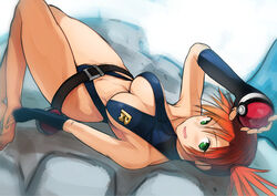  alternate_costume barefoot belt breasts center_opening cleavage commentary_request female fingerless_gloves gloves green_eyes highleg highleg_swimsuit highres holding holding_poke_ball kasumi_(pokemon) large_breasts long_legs lying navel nishiide_kengorou official_alternate_costume on_back one-piece_swimsuit orange_hair poke_ball poke_ball_(basic) pokemon pokemon:_the_electric_tale_of_pikachu short_hair side_ponytail smile solo swimsuit turtleneck 