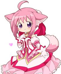  ahoge animal_ears bad_id bad_pixiv_id blush dog_days dog_ears dog_girl dog_tail dress female frills gloves heart meiro_(yuu) millhiore_f._biscotti pink_hair pink_tail purple_eyes short_hair sidelocks simple_background smile solo tail white_gloves 