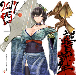  2017 alternate_costume ammunition bare_shoulders blue_kimono breasts brown_eyes brown_hair camouflage cartridge choker collarbone commentary_request explosive female flight_deck gamera_(series) gloves green_gloves grenade gyaos hagoita hair_ornament highres huge_breasts japanese_clothes kaga_(kancolle) kantai_collection kimono kotoyoro long_sleeves new_year obi off_shoulder paddle phalanx_ciws radome saizu_nitou_gunsou sash side_ponytail simple_background solo thighhighs translated twitter_username white_background wide_sleeves 