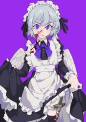  absurdres ahoge apron biting_own_lip black_thighhighs blood blood_on_clothes blood_on_face blood_on_weapon bow broken broken_sword broken_weapon clothes_lift cowboy_shot dress dress_lift feathered_wings female flat_chest grey_hair highres holster maid maid_apron maid_headdress mini_wings nail_polish oerba_yun_fang pointy_ears purple_background purple_eyes purple_nails rye-beer skirt_hold slit_pupils solo sword thigh_holster thighhighs weapon wings 