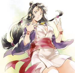  ayasato_chihiro ayasato_mayoi banned_artist black_eyes black_hair breasts cleavage gyakuten_saiban half_updo japanese_clothes jewelry kimono long_hair low-tied_long_hair magatama medium_breasts mole mole_under_mouth necklace obi sash short_kimono topknot yuu_(warm_water) 