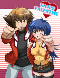  1boy blue_hair blush brown_eyes chocolate female long_hair open_mouth saotome_rei slifer_red_uniform thighhighs wink yu-gi-oh! yuki_judai yuu-gi-ou yuu-gi-ou_gx yuuki_juudai 