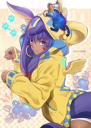  animal_ears aora bad_id bad_twitter_id dark-skinned_female dark_skin earrings fate/grand_order fate_(series) female hairband hood hoodie jackal_ears jewelry long_hair looking_at_viewer nitocris_(fate) paw_pose purple_eyes purple_hair sphinx_awlad 