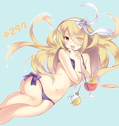  :d adapted_costume bikini blonde_hair blue_background blush bow commentary_request drink drinking_straw eyes_visible_through_hair female fork gold_egg_(p&amp;d) hair_ribbon hairband kaki_s long_hair lying navel on_side open_mouth outline own_hands_together pandora_(p&amp;d) photoshop_(medium) purple_bikini purple_bow puzzle_&amp;_dragons red_eyes ribbon side-tie_bikini_bottom simple_background smile solo star_(symbol) swimsuit tamadra white_ribbon 