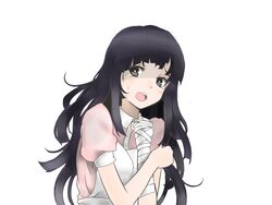  :o apron bandages black_eyes black_hair commentary_request danganronpa_(series) danganronpa_2:_goodbye_despair female long_hair morodashi open_mouth solo sweatdrop tears tsumiki_mikan 