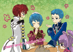  2boys 2girls asbel_lhant belt blue_eyes blue_hair blush bone breasts canine closed_eyes coat frills glasses green_background hubert_ozwell kerri_lhant long_hair mother_and_son multiple_boys multiple_girls open_mouth purple_eyes purple_hair red_hair short_hair smile sophie_(tales) sparkle star tales_of_(series) tales_of_graces twintails 