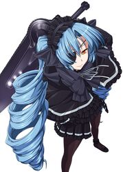  bad_id bad_pixiv_id blue_hair bow brown_eyes drill_hair eyepatch female frills from_above gloves gothic_lolita hairband lefa_(lemuria) lolita_fashion lolita_hairband long_hair pantyhose rinkou_no_lemuria solo sword tokitaka_(amaterath) twin_drills twintails very_long_hair weapon 