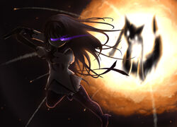  akemi_homura akemi_homura_(magical_girl) black_hair black_pantyhose commentary_request dual_wielding female glowing glowing_eyes gun hairband high_heels highres holding kyuubee long_hair magical_girl mahou_shoujo_madoka_magica mahou_shoujo_madoka_magica_(anime) pantyhose peroshiti_aniki purple_eyes shoes solo weapon 