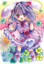  animal_ears commentary_request female inaba_tewi niko_(2ars) painting_(medium) rabbit_ears solo touhou traditional_media watercolor_(medium) wrist_cuffs 