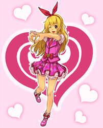  aikatsu! aikatsu!_(series) bad_id bad_pixiv_id bare_legs blonde_hair bobby_socks bow female frills fujimo_ruru full_body hairband heart heart_background heart_hands hoshimiya_ichigo long_hair mary_janes necktie one_eye_closed pink_background pink_theme plaid plaid_skirt purple_eyes shoes skirt smile socks solo standing standing_on_one_leg 