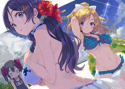  ayase_eri beach bikini black_hair blonde_hair blue_eyes blue_hair breasts flowers long_hair love_live!_school_idol_project navel ponytail purple_hair school_swimsuit shirabi_(life-is-free) swimsuit toujou_nozomi twintails yazawa_nico 