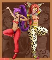  2girls beastmon blue_eyes breasts brown_eyes cleavage coldtrojan dark_skin digimon hairband harem_pants highres jewelry looking_at_viewer midriff monster_girl multiple_girls navel open_mouth ponytail purple_hair shantae_(character) shantae_(series) stomach tiara veil 