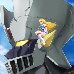  anime_coloring blonde_hair blue_sky boots breasts commentary_request creator_connection cutie_honey cutie_honey_universe dated day dress female hairband haruyama_kazunori impossible_clothes impossible_dress kisaragi_honey large_breasts long_hair mazinger_(series) mazinger_z mazinger_z:_infinity mazinger_z_(mecha) mecha redesign robot science_fiction signature sitting sky super_robot thigh_boots thighhighs white_footwear 