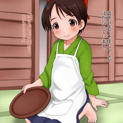  apron bad_id bad_pixiv_id barefoot blush brown_eyes brown_hair commentary_request e10 feet female ichigo_mashimaro itou_chika kneeling lolicon photoshop_(medium) short_hair side_ponytail smile solo translated 