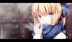  aliasing aqua_eyes blonde_hair fate/stay_night magicians ponytail saber scarf snow watermark winter 