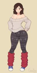  1boy 1male belka_dog blush brown_hair bulge cuccoking exposed_shoulders femboy girly green_eyes hands_on_hips leg_warmers leggings long_hair low_cut_top male male_only penis_under_clothes raychel raychel_(thetabbyneko) shoes simple_background socks sweater thick_thighs tights 