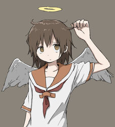  adjusting_hair angel_wings arm_at_side arm_up bad_id bad_twitter_id brown_eyes brown_hair closed_mouth collarbone feathered_wings female frown furrowed_brow grey_background haibane_renmei hair_between_eyes halo hand_in_own_hair looking_at_viewer md5_mismatch messy_hair neckerchief raised_eyebrow rakka_(haibane) red_neckerchief red_sailor_collar sailor_collar short_hair short_sleeves simple_background solo static_cling straight-on tareme umi_ha_kirai upper_body white_wings wings 