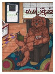  2013 anthro beverage blinds blue_eyes book border brown_eyebrows brown_hair canid canine canis carpet chair checkered_carpet claws coffee_mug coffee_shop container cup detailed_background devin_d_parlett dewlap_(anatomy) domestic_dog electricity eyebrows flomutt floor food furniture green_book grey_claws grey_pawpads hair jowls male mammal menu molosser mountain_dog muffin multicolored_carpet musclegut muscular neck_tuft newfoundland_dog nude on_chair open_book pawpads shaggy_fur sign sitting sitting_on_chair solo tasteful_nudity tea tea_bag tea_cup traditional_media_(artwork) tuft white_border wood wood_floor 