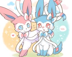  3_toes abstract_background ambiguous/ambiguous ambiguous_gender black_nose blue_body blue_ears blue_eyes blue_fur blue_inner_ear blue_tail blush bow_(feature) canid cloud colored digital_media_(artwork) duo ear_bow eeveelution feet feral feral_on_feral flustered front_view full-length_portrait fur generation_6_pokemon heart_symbol kemono leg_markings looking_aside looking_at_another looking_at_partner love mammal markings monotone_tail multicolored_body multicolored_fur neck_bow nintendo no_sclera open_mouth outside paws pictographics pink_body pink_ears pink_fur pink_inner_ear pokemon pokemon_(species) portrait pupils quadruped red_eyes ribbon_coil ribbons romantic romantic_couple shiny_pokemon shy sitting smile socks_(marking) sparkles speech_bubble standing sylveon tail three-quarter_view toes two_tone_body two_tone_fur white_body white_fur white_pupils white_ribbon wolfwithwing 