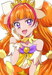  :d amanogawa_kirara blush bow collarbone cure_twinkle dress earrings female gloves go!_princess_precure hair_intakes hairbow highres jewelry long_hair looking_at_viewer multicolored_hair open_mouth orange_hair precure purple_bow purple_eyes red_hair sharumon simple_background smile solo star_(symbol) star_earrings strapless strapless_dress streaked_hair upper_body very_long_hair white_background white_bow white_gloves yellow_dress 