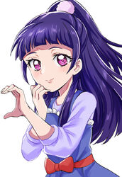  blue_dress blunt_bangs bow closed_mouth dress female floating_hair heart heart_hands high_ponytail highres izayoi_liko long_hair long_sleeves looking_at_viewer mahou_girls_precure! pinafore_dress pink_eyes precure purple_hair purple_shirt red_bow sharumon shirt simple_background sleeveless sleeveless_dress smile solo standing upper_body very_long_hair white_background 