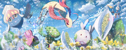  black_eyes carnivine closed_mouth cloud colored_sclera commentary_request day flower goomy inkay klefki milotic no_humans outdoors pink_sclera pokemon pokemon_(creature) shellos sky sparkle water yakkun 