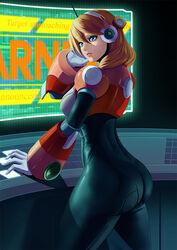  alia_(mega_man) android armor ass black_bodysuit blonde_hair blue_eyes bodysuit breasts commentary female gloves hand_up headgear joints lips long_hair looking_at_viewer looking_back medium_breasts mega_man_(series) mega_man_x_(series) parted_lips robot_ears robot_joints simple_background skin_tight solo zetman92 