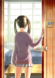  alarm_clock arm_at_side bed brown_hair clock facing_away female hand_up highres indoors oshiyon pillow pink_skirt shirt skirt solo sora_yori_mo_tooi_basho standing tamaki_rin twintails window 