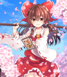  :d ability_card_(touhou) ahoge ascot bare_shoulders blurry blush bow breasts brown_eyes brown_hair card cherry_blossoms coin collarbone commentary_request cowboy_shot day depth_of_field detached_sleeves falling_petals female flower frills gohei goutokuji_mike goutokuji_mike_(cat) hair_between_eyes hair_tubes hairbow hakurei_reimu hand_up highres holding holding_card holding_stick long_hair looking_at_viewer maneki-neko open_mouth outdoors petals pink_flower rabittofaa red_bow red_skirt red_vest ribbon-trimmed_sleeves ribbon_trim sidelocks skirt sky small_breasts smile solo stick touhou unconnected_marketeers v-shaped_eyebrows vest wide_sleeves yellow_ascot 