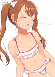  bikini brown_hair closed_eyes collarbone cowboy_shot drooling dx_(dekusu) female frilled_bikini frills hair_ribbon highres kantai_collection libeccio_(kancolle) libeccio_(swimsuit_mode)_(kancolle) long_hair navel official_alternate_costume ribbon sleeping stomach striped_bikini striped_clothes swimsuit twintails white_background white_ribbon 