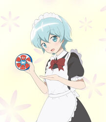  alternate_costume apron blue_eyes blue_hair bow commentary_request enmaided female godoh_(mamurudou) houkago_saikoro_club looking_at_viewer maid maid_apron maid_headdress red_bow short_hair short_sleeves simple_background solo standing takekasa_miki white_background 